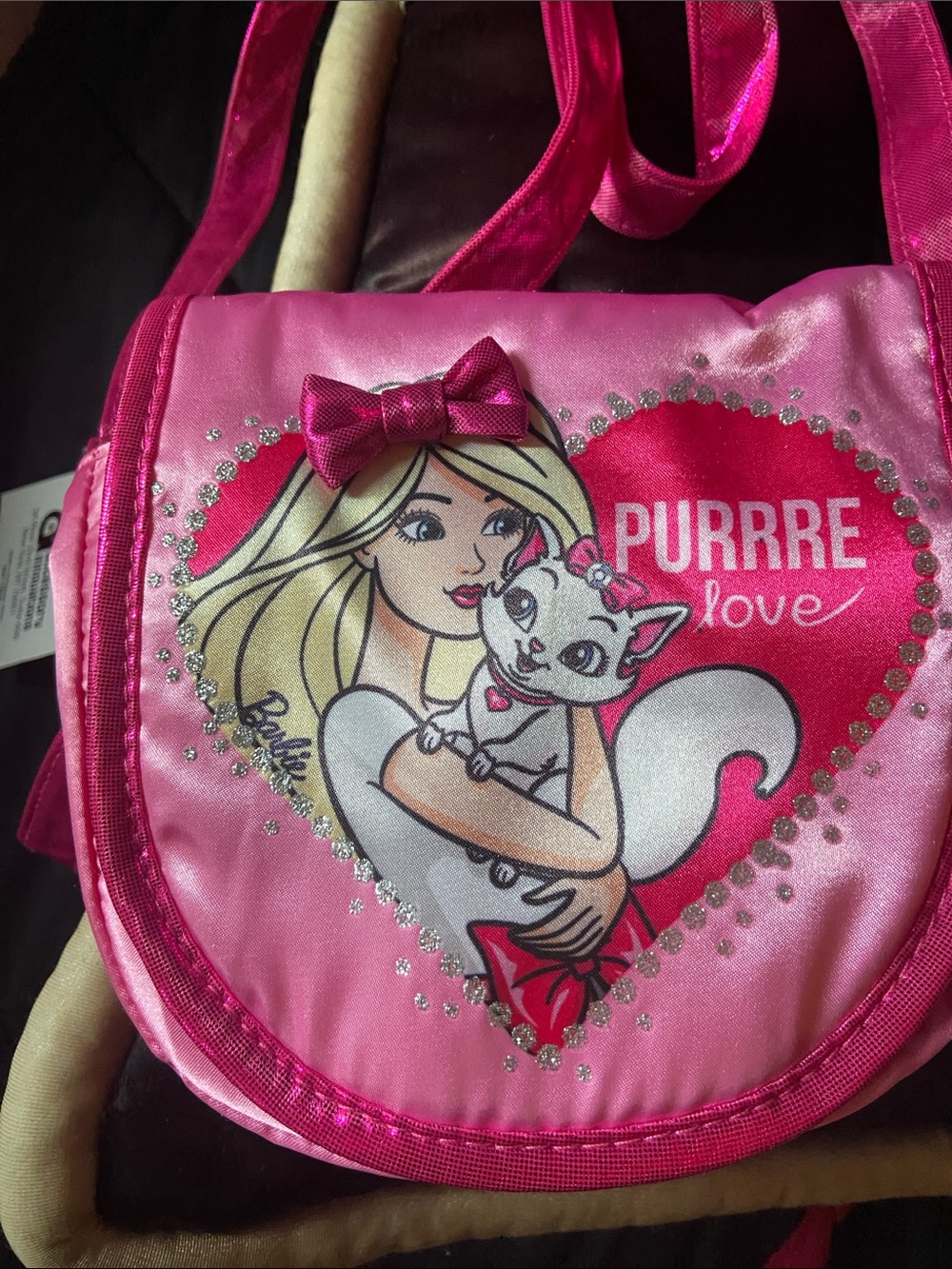 Barbie Pink Heart Graphic Crossbody Bag with Bow Accent